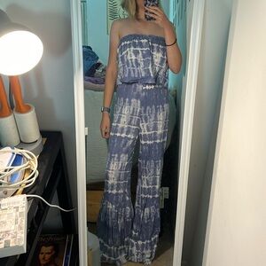 Off shoulder blue and white jumpsuit